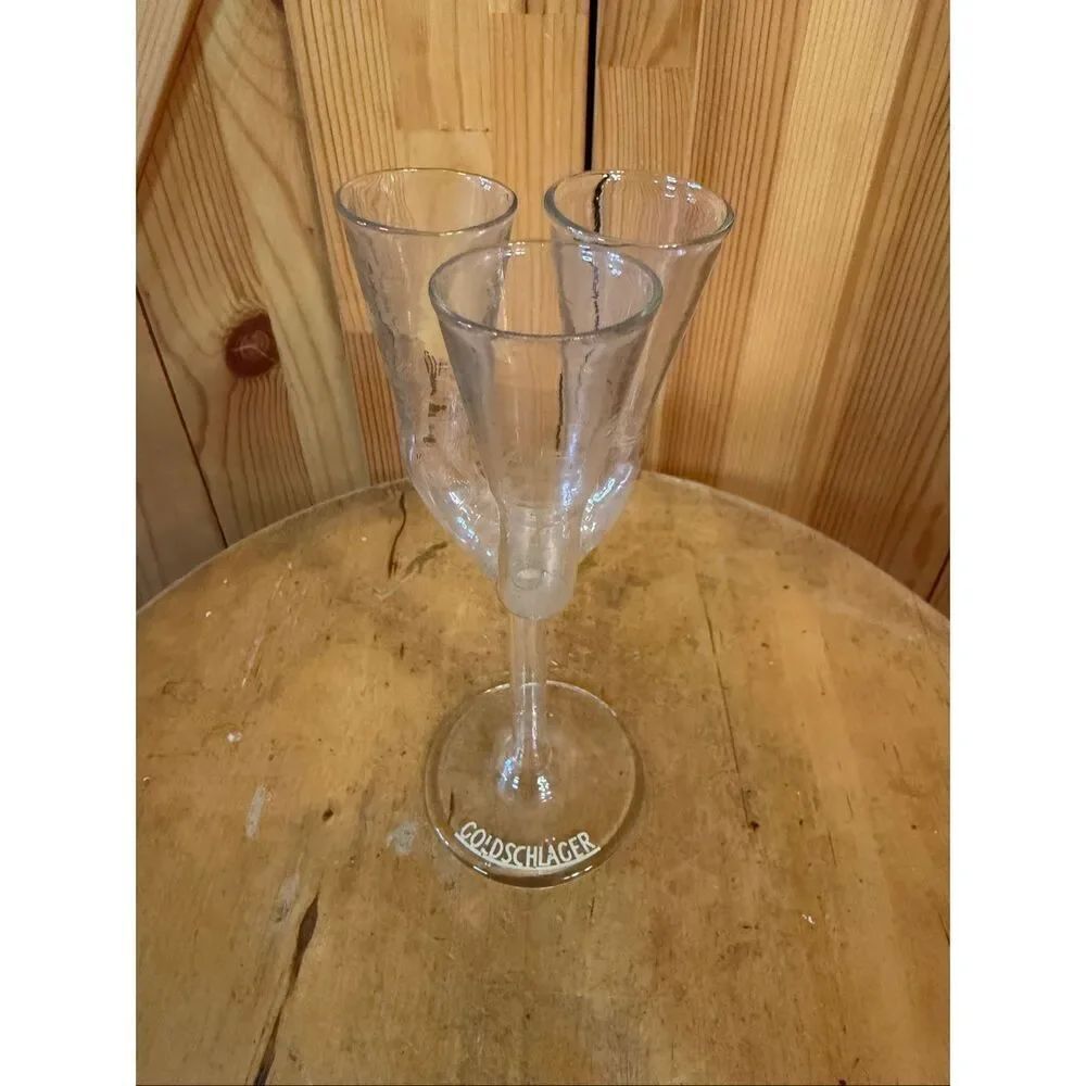 VINTAGE GOLDSCHLAGER TRIPLE FLUTE TRIO LONG STEMMED CORDIAL GLASS GERMANY (7504)